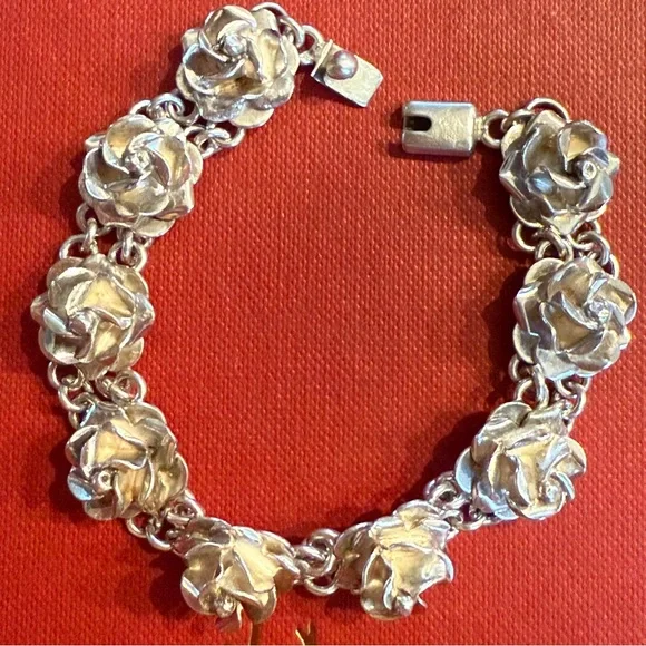 Vintage Taxco Sterling Silver Rose Bracelet 925 7.5” - Picture 4 of 7
